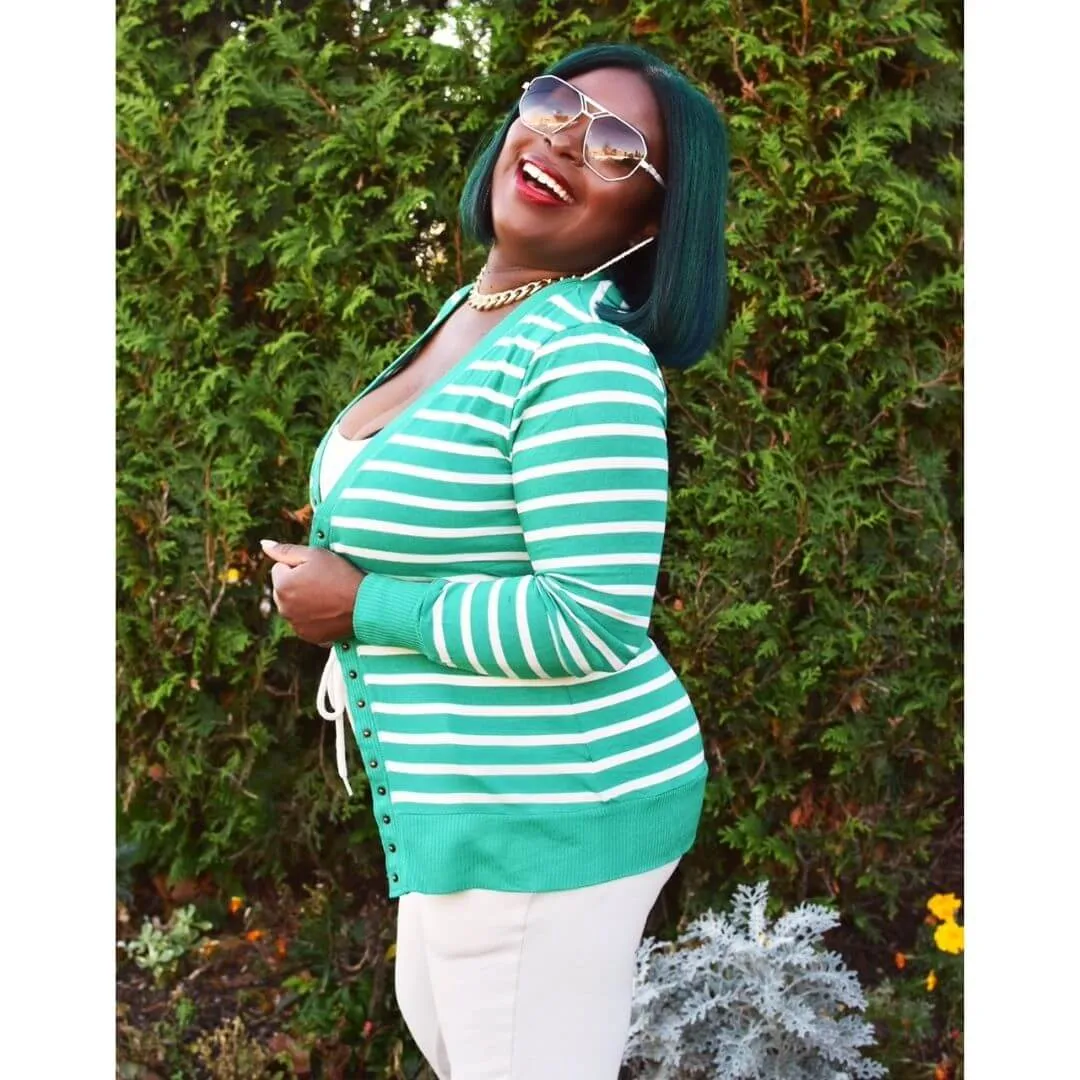 Striped Snap Button Cardigan (Kelly Green & White)