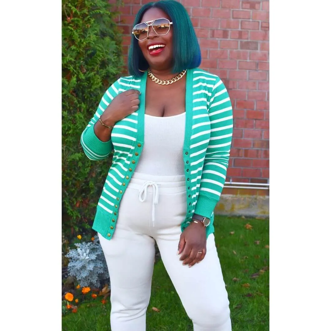 Striped Snap Button Cardigan (Kelly Green & White)