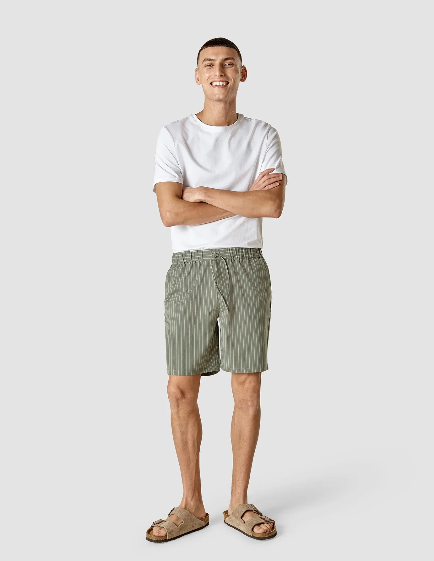 Tech Linen Elastic Shorts Green Pinstripe