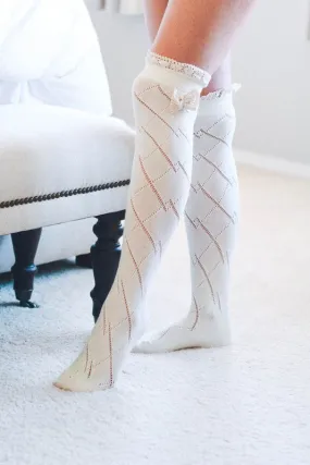 Thigh High Diamond Pattern Bow Socks