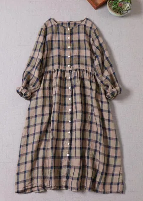 Unique Khaki Plaid Patchwork Pockets Button Fall Long sleeve Dresses