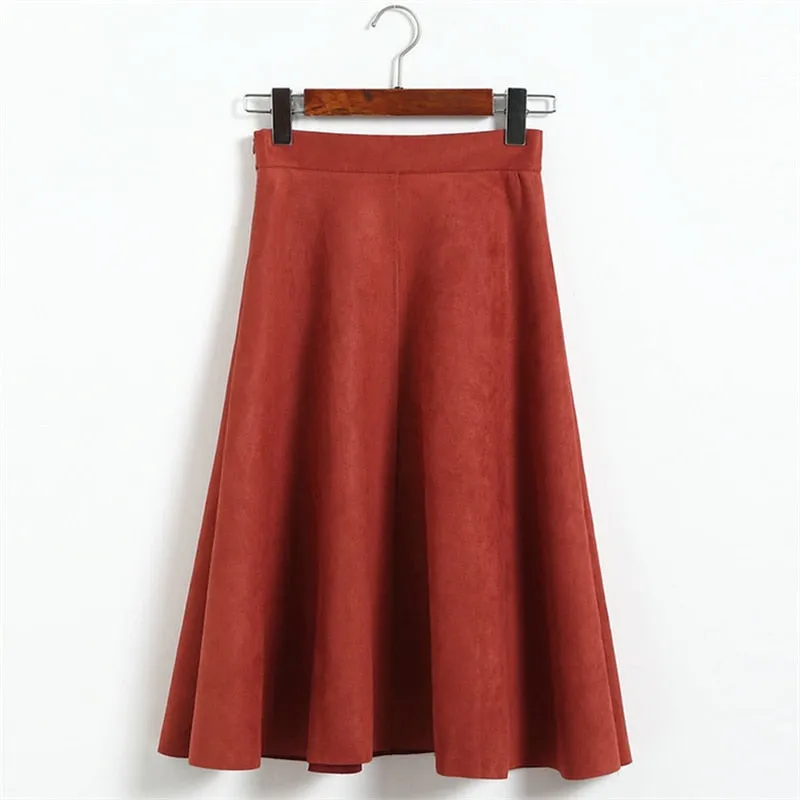 VenusFox Vintage Suede High Waist Midi A Line Skirt