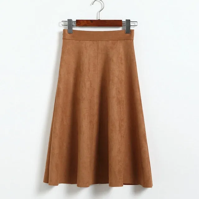 VenusFox Vintage Suede High Waist Midi A Line Skirt