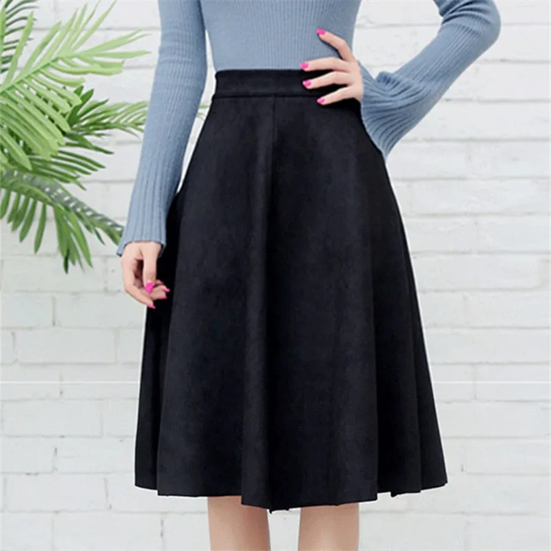 VenusFox Vintage Suede High Waist Midi A Line Skirt