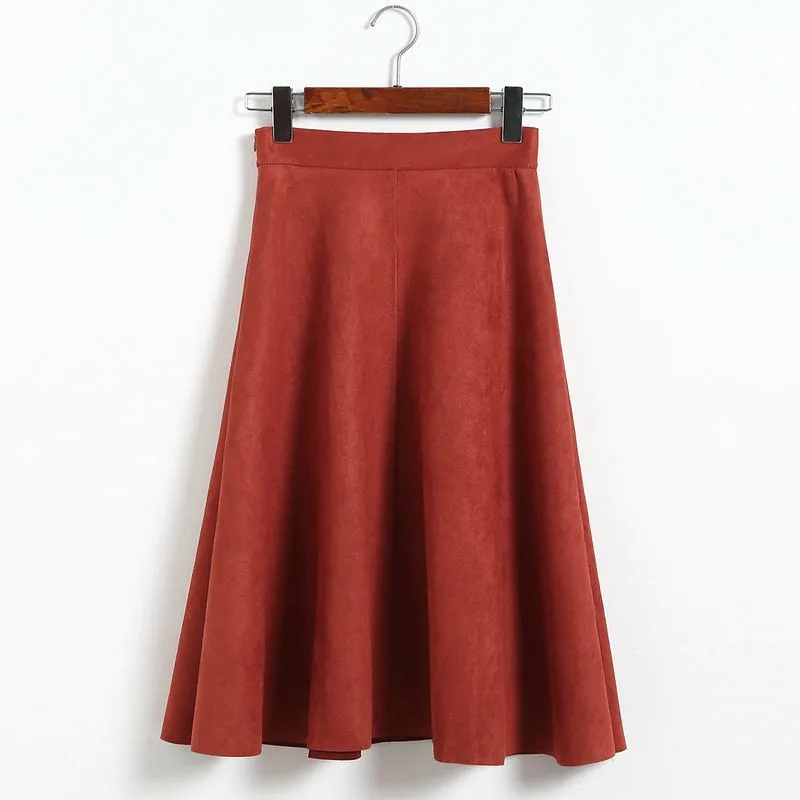 VenusFox Vintage Suede High Waist Midi A Line Skirt