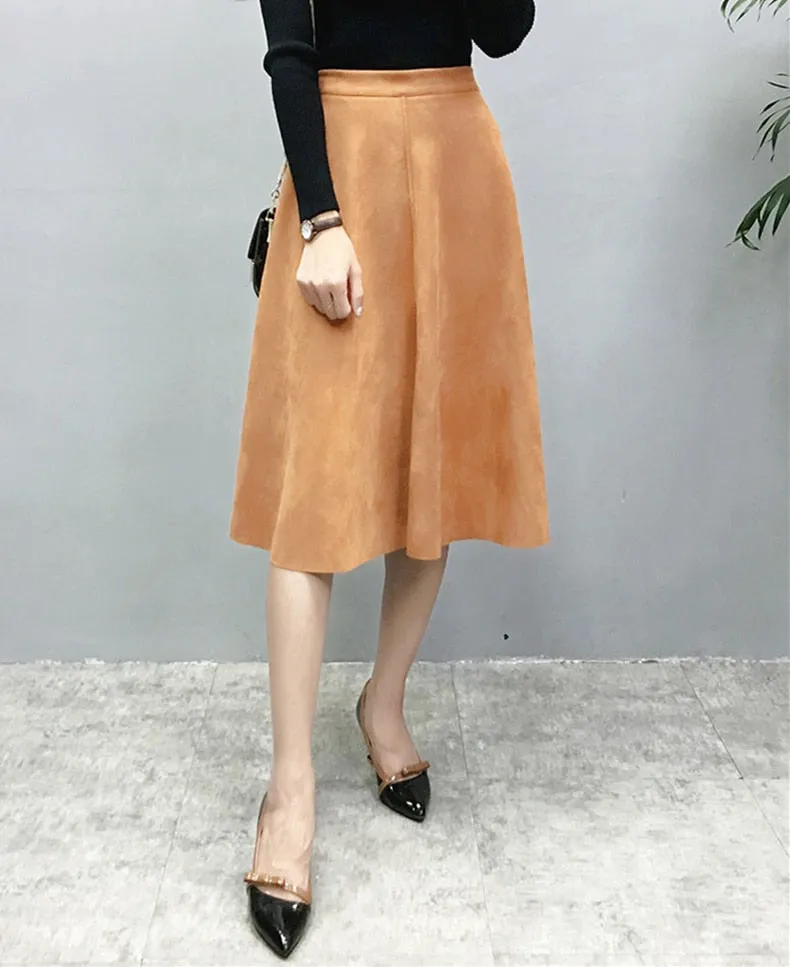 VenusFox Vintage Suede High Waist Midi A Line Skirt