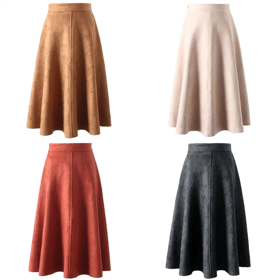 VenusFox Vintage Suede High Waist Midi A Line Skirt