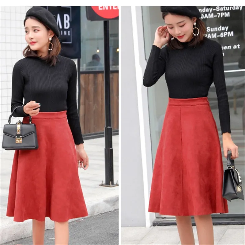 VenusFox Vintage Suede High Waist Midi A Line Skirt