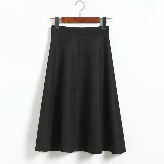 VenusFox Vintage Suede High Waist Midi A Line Skirt