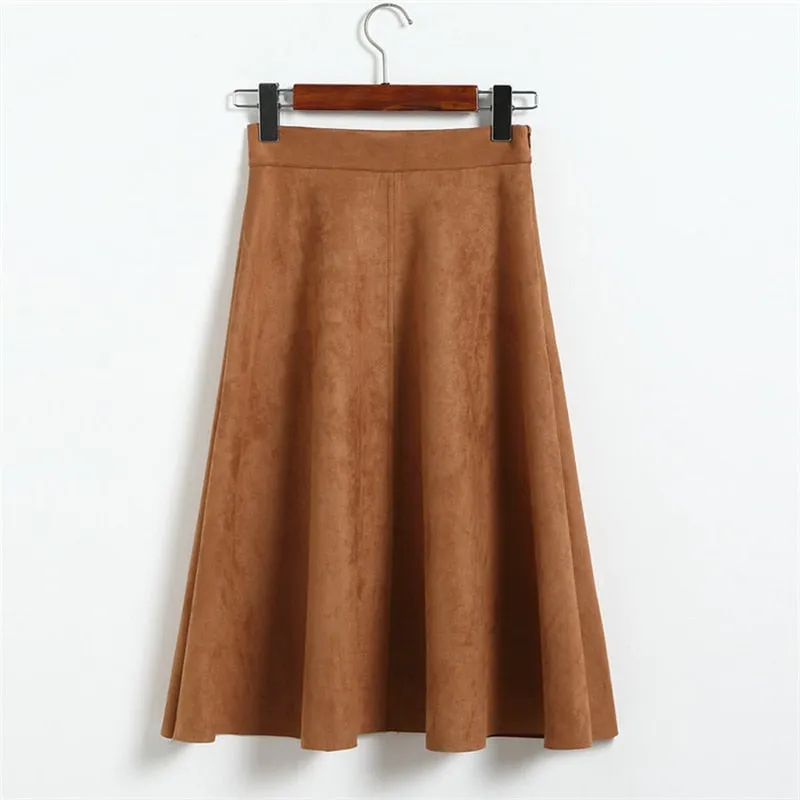 VenusFox Vintage Suede High Waist Midi A Line Skirt