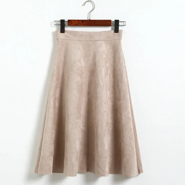 VenusFox Vintage Suede High Waist Midi A Line Skirt