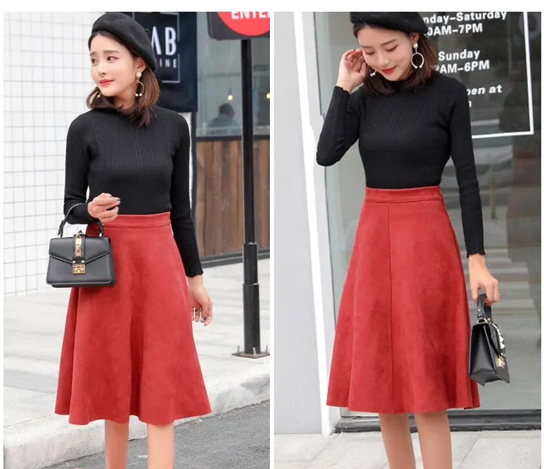 VenusFox Vintage Suede High Waist Midi A Line Skirt