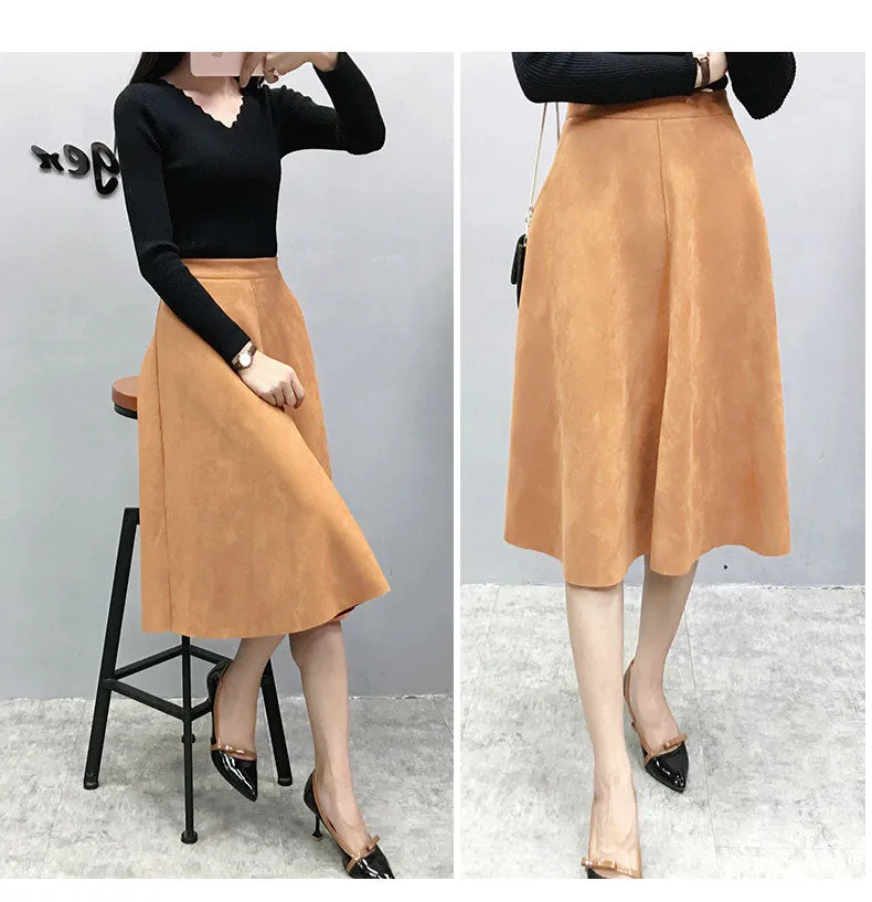 VenusFox Vintage Suede High Waist Midi A Line Skirt