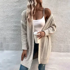 Vintage Collarless Open Front Drop Shoulder Long Sleeve Elongated Cable Knit Cardigan