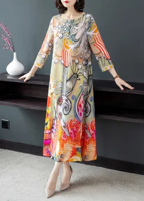 Vintage O-Neck Print Silk Vacation Long Dresses Long Sleeve LY1782