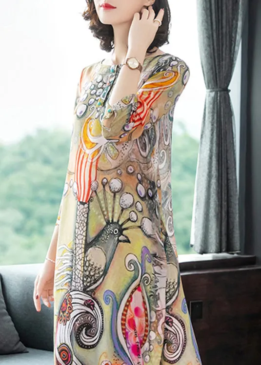 Vintage O-Neck Print Silk Vacation Long Dresses Long Sleeve LY1782