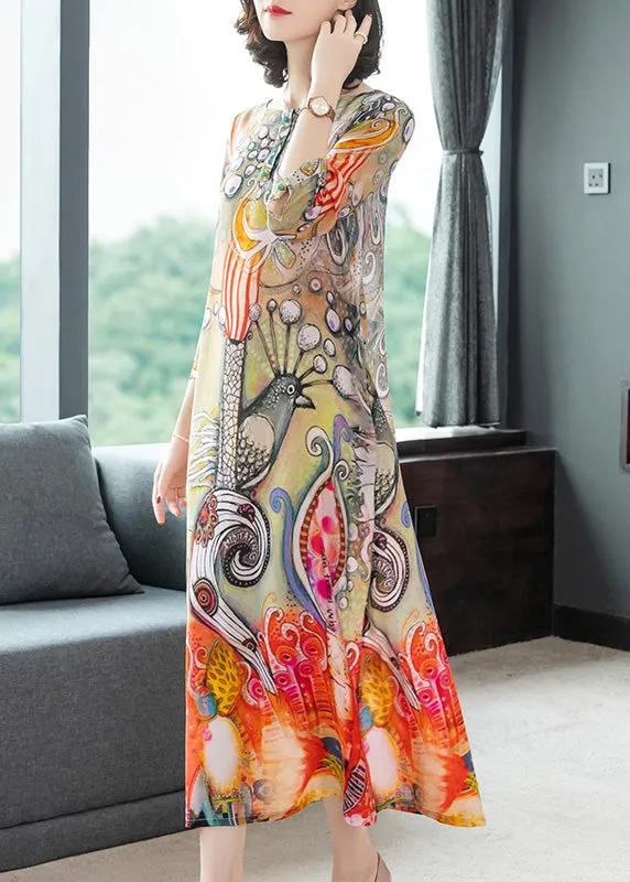 Vintage O-Neck Print Silk Vacation Long Dresses Long Sleeve LY1782