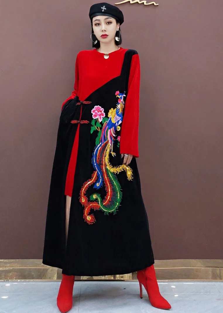 vintage Red Oriental Embroideried Patchwork Velour long Dresses Spring