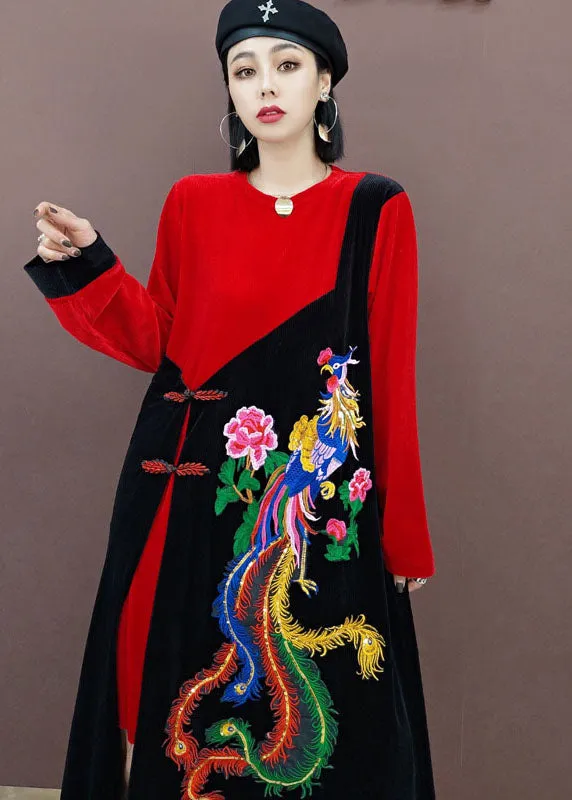 vintage Red Oriental Embroideried Patchwork Velour long Dresses Spring