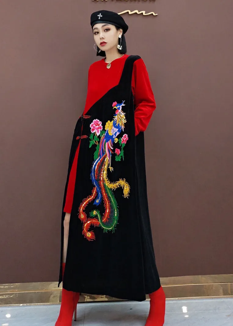 vintage Red Oriental Embroideried Patchwork Velour long Dresses Spring