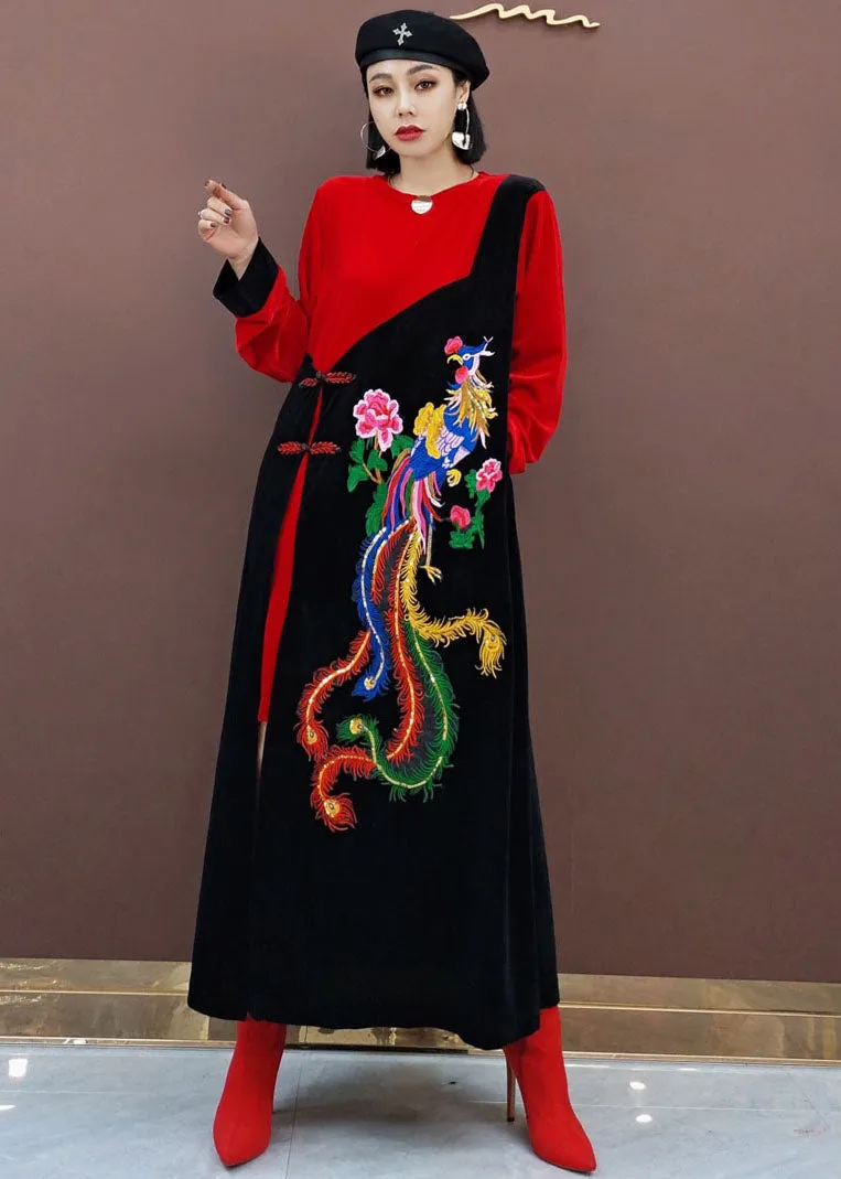 vintage Red Oriental Embroideried Patchwork Velour long Dresses Spring