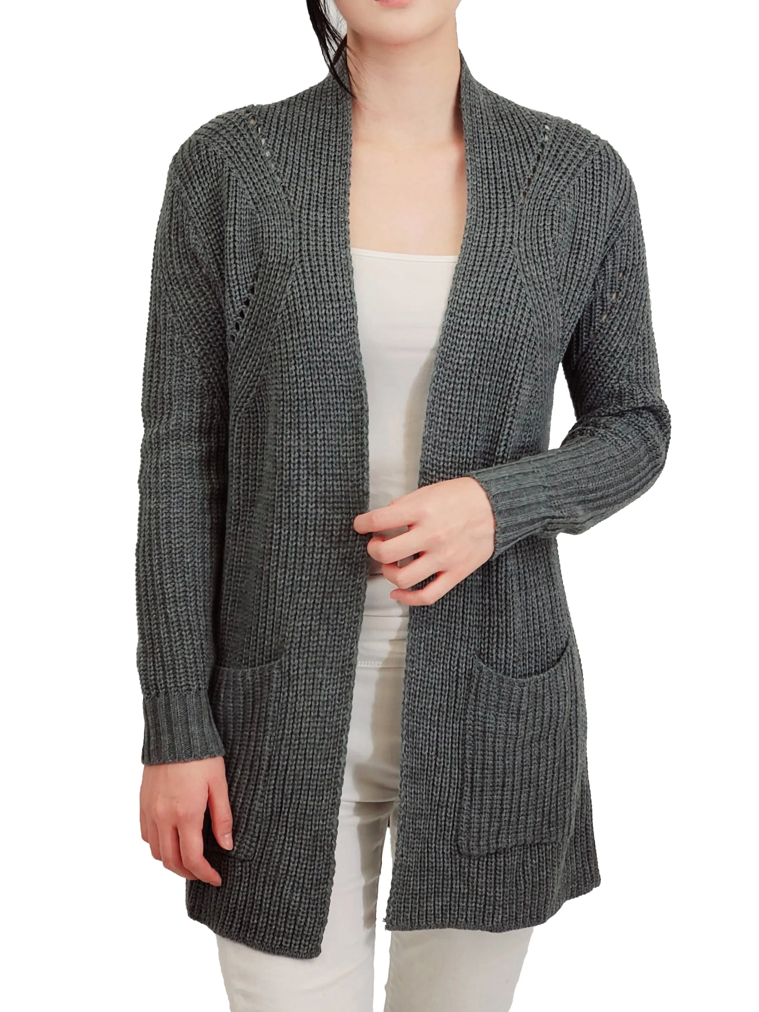 Women's Stylish Drape Long Sleeve Sweater Cardigan Jacket with Two Pockets HK8189