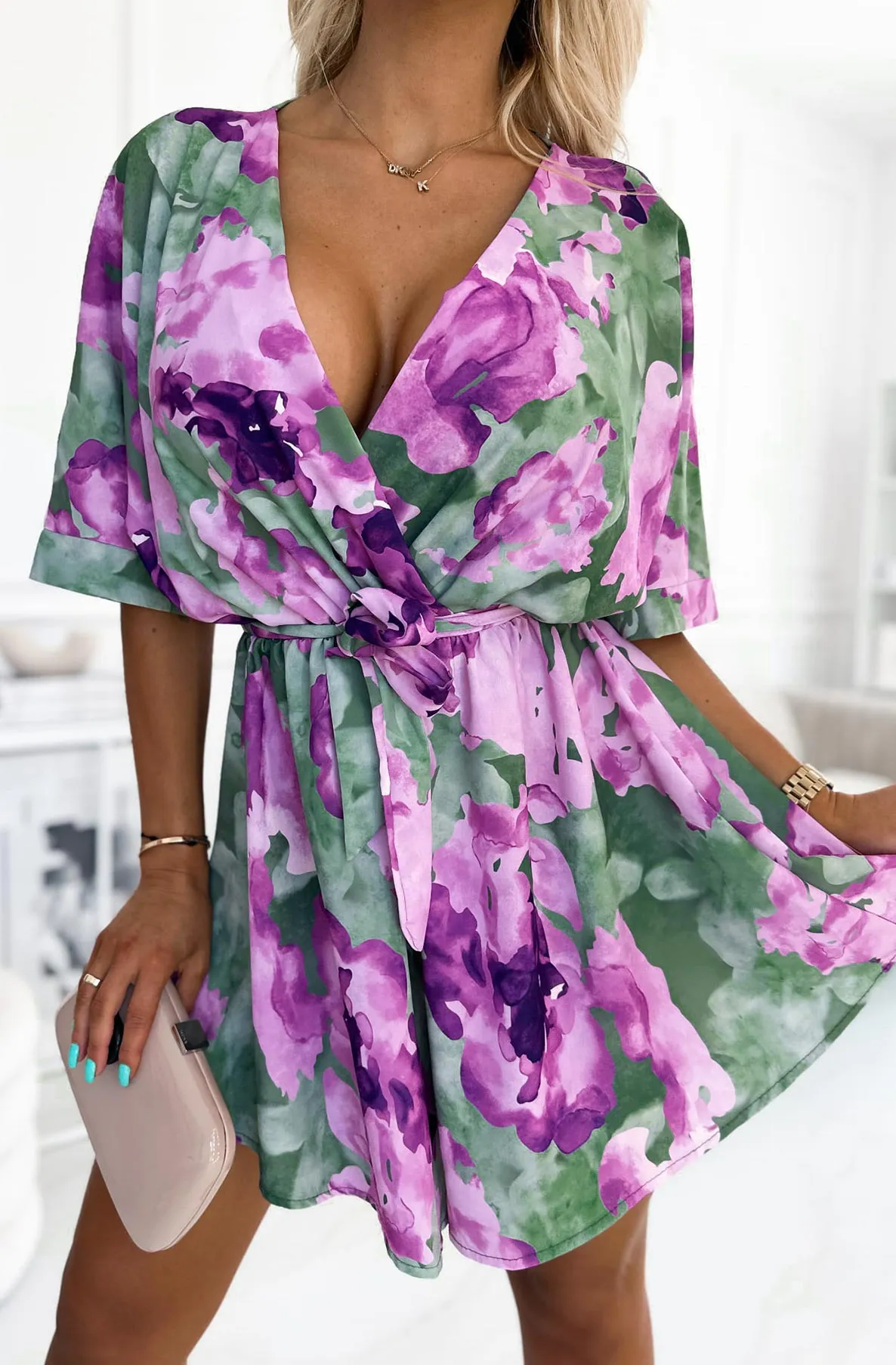 Zanita Floral Print Mini Wrap Dress-Purple